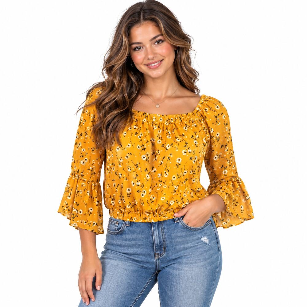 Bleuh Ciel Juniors Large Mustard Floral Cutout Back Peasant Blouse EUC
